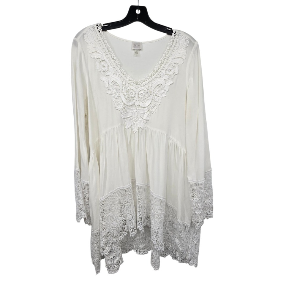 Cupio Crochet Lace Tunic Top‎ Women's LG White Cover-up Beach Resort Vacation